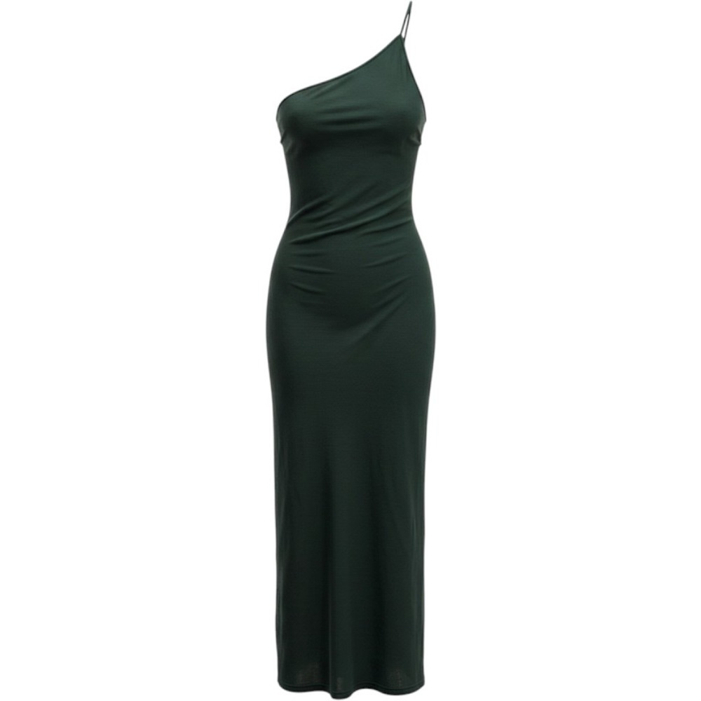 Banana Republic Dress Women XXS Dark Green One Shoulder Midi Rayon Sheath Hoco
